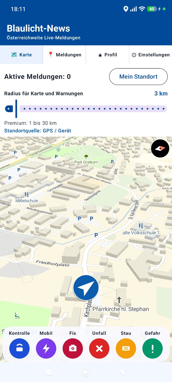Screenshot der Blaulicht-News App