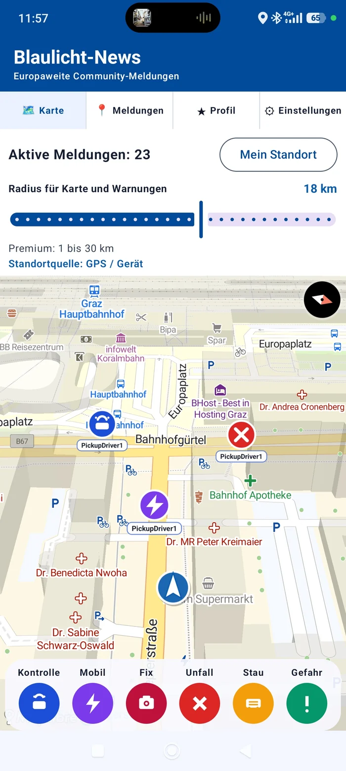 Kartenansicht mit aktiven Blaulicht-News Meldungen