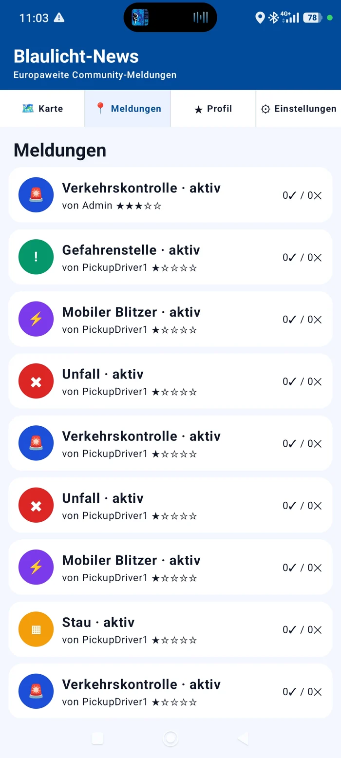Liste aktiver Blaulicht-News Meldungen